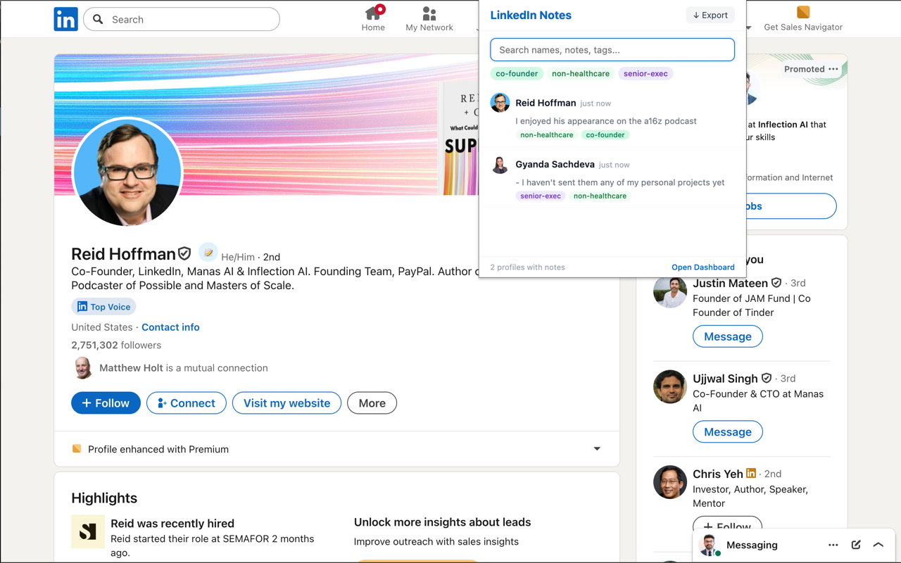 The popup on a LinkedIn profile: your note and tags sit right on the person, with a search box across everyone you have annotated.